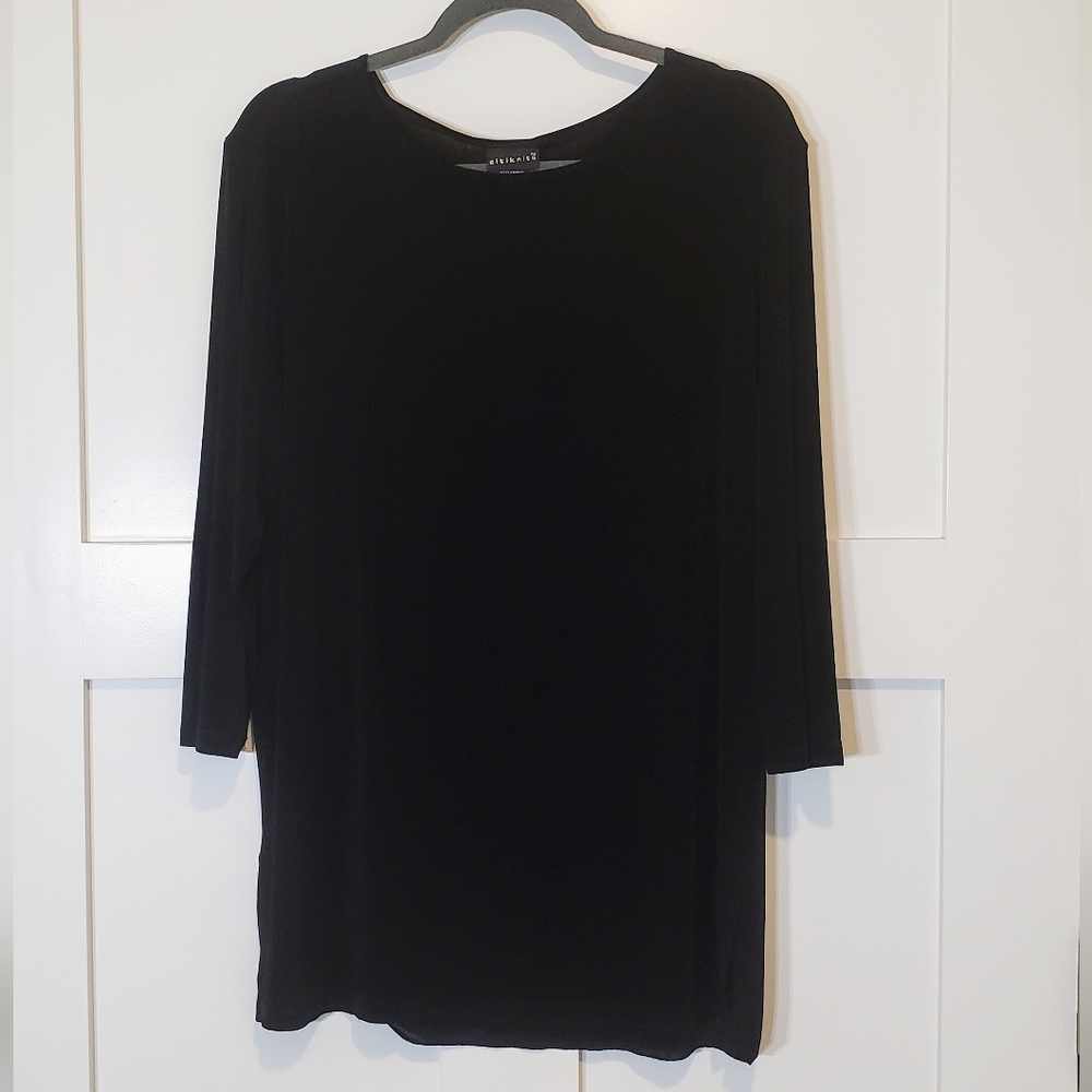Citiknits Black Tunic Long Top Made In USA  Semi Sheer Stretchy Size Medium